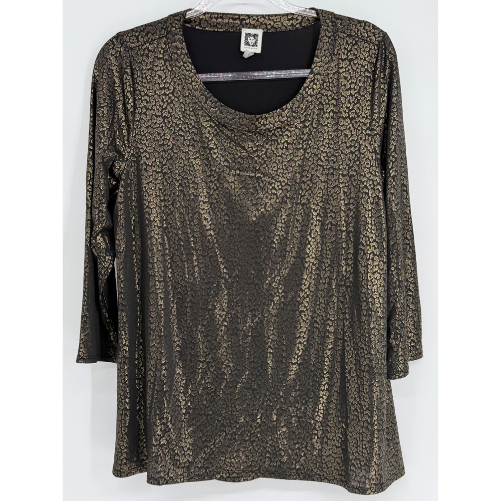 Anne Klein Womens Gold Metallic Animal Print Tunic Top 3/4 Sleeve Scoop Sz L